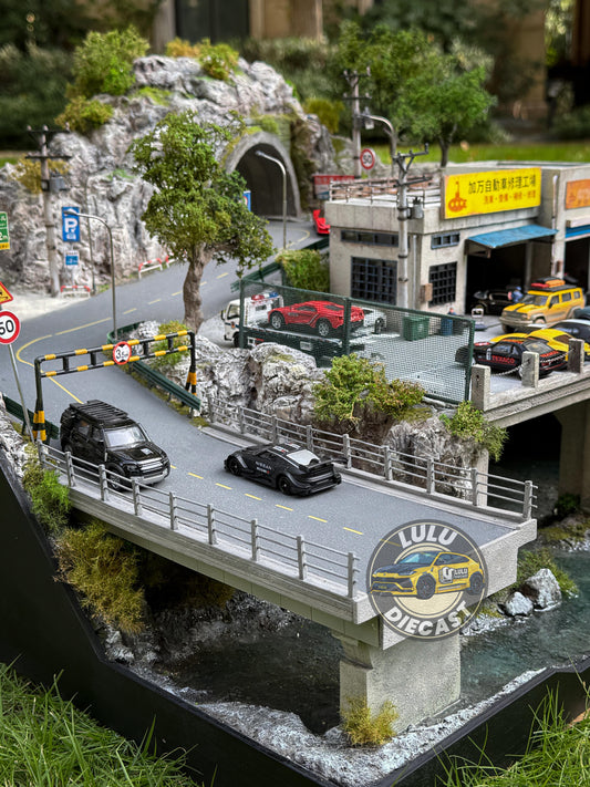 1:64 Mountain Garage Diorama | Tunnel, Bridge & River Scene (Handmade)