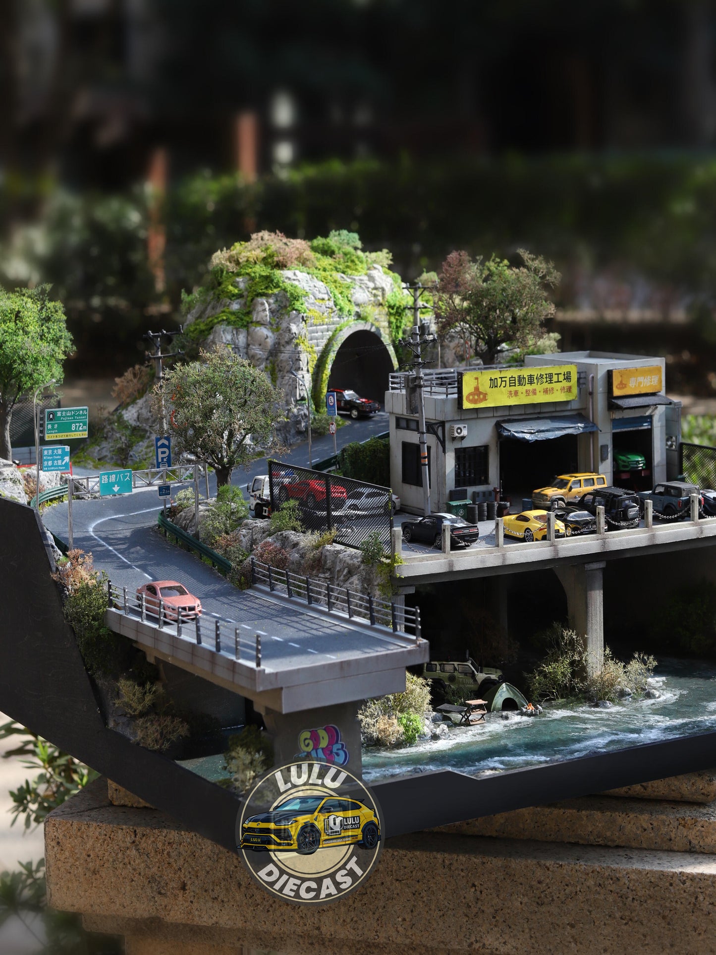 1:64 Mountain Garage Diorama | Tunnel, Bridge & River Scene (Handmade)