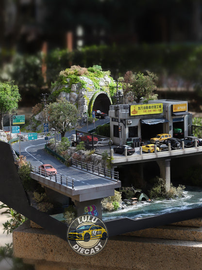 1:64 Mountain Garage Diorama | Tunnel, Bridge & River Scene (Handmade)