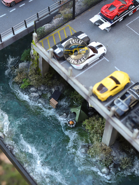 1:64 Mountain Garage Diorama | Tunnel, Bridge & River Scene (Handmade)