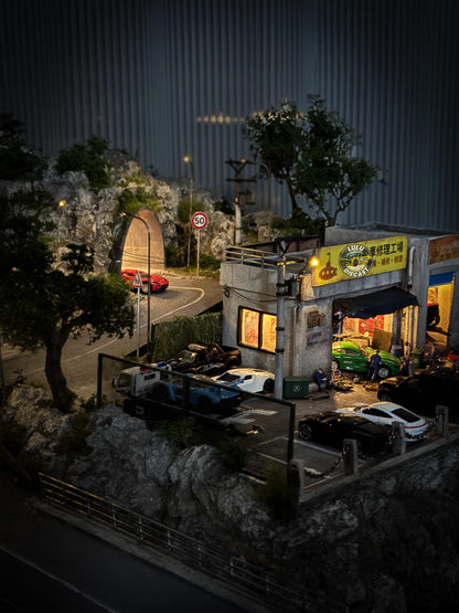 1:64 Mountain Garage Diorama | Tunnel, Bridge & River Scene (Handmade)